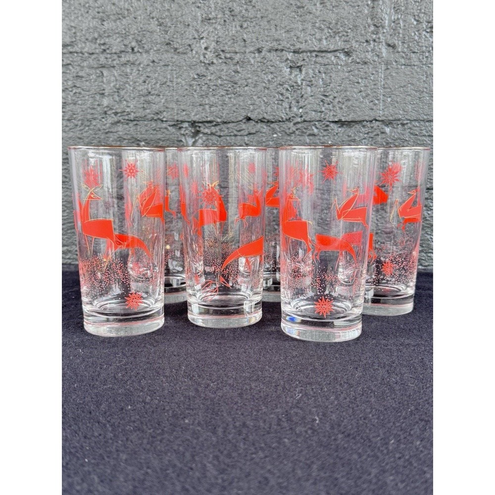 6 Rare Vintage MCM Libbey Atomic Christmas Reindeer Red Gold Highball Glasses